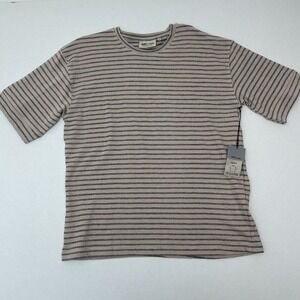 AMONGST OTHERS Men's Beige Navy Striped Knit Cotton T-Shirt Short Sleeve M